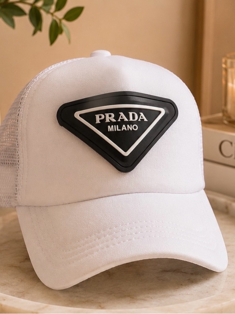 Brand new - sparkly perfect White Mesh Baseball Cap with Black Triangle Patch